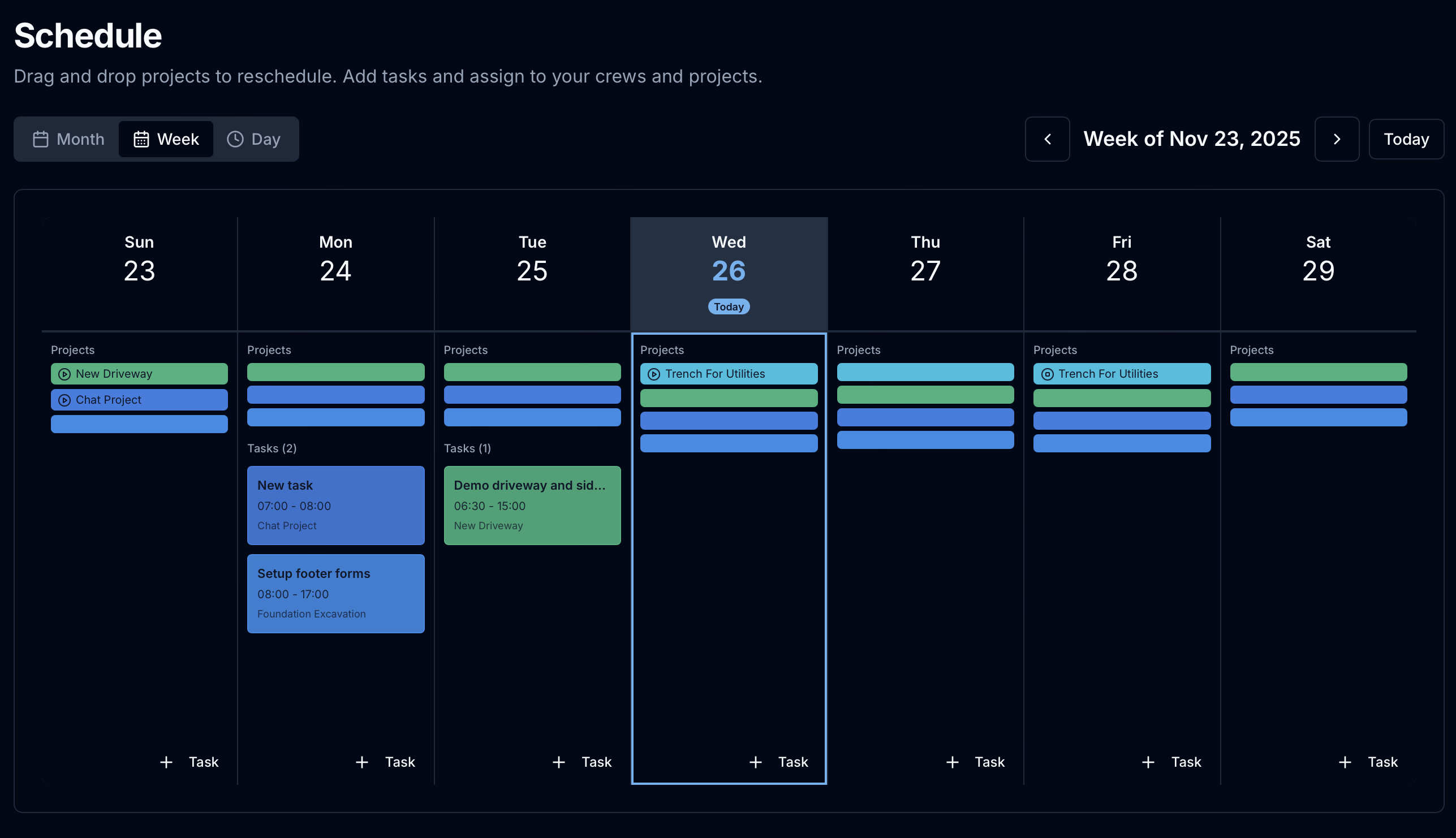 Schedule view showing weekly calendar with projects and tasks